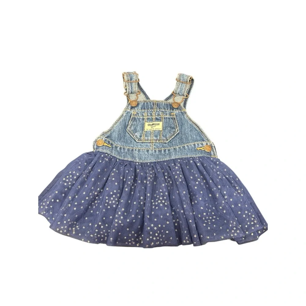 OshKosh Bgosh Jean Toddler Denim Navy Tulle Silver Glitter Dot Jumper Dress 9 MO